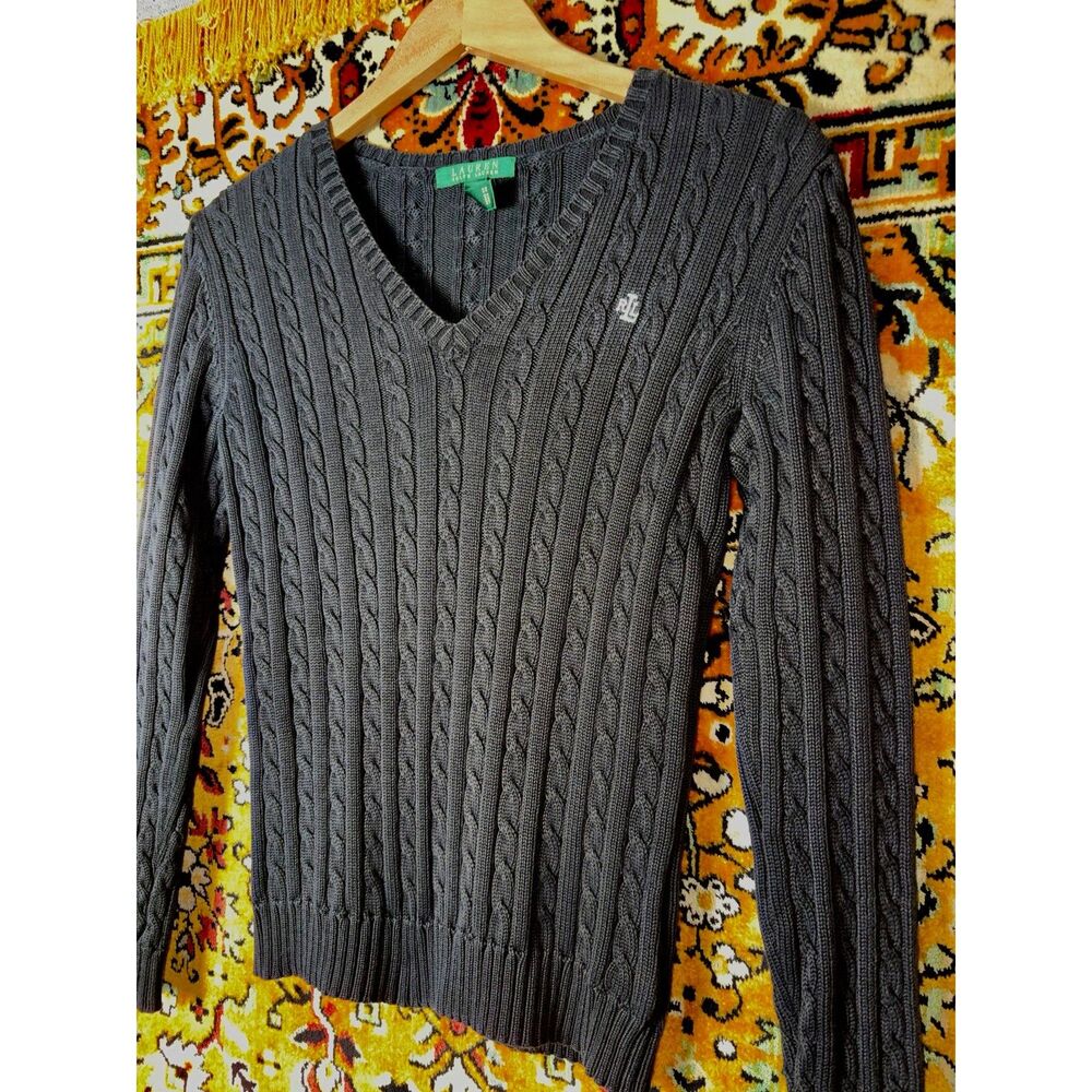 Lauren Ralph Lauren Preppy Minimalist Black Cable Knit Sweater 100% Cotton sz XS - Picture 3 of 9